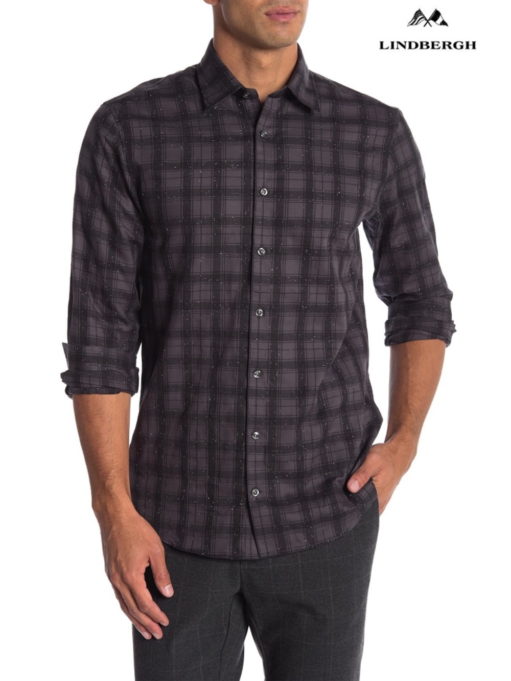 LINDBERGH NWT FIT CHECKED SLUB COTTON L/S BUTTON-UP GREY SHIRT. SIZE M